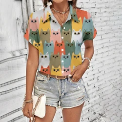 Elegant Women's Shirts & Blouses Fashion animal printing Blouses kitten printing Shirts Short sleeved daily shirt  summery Shirt