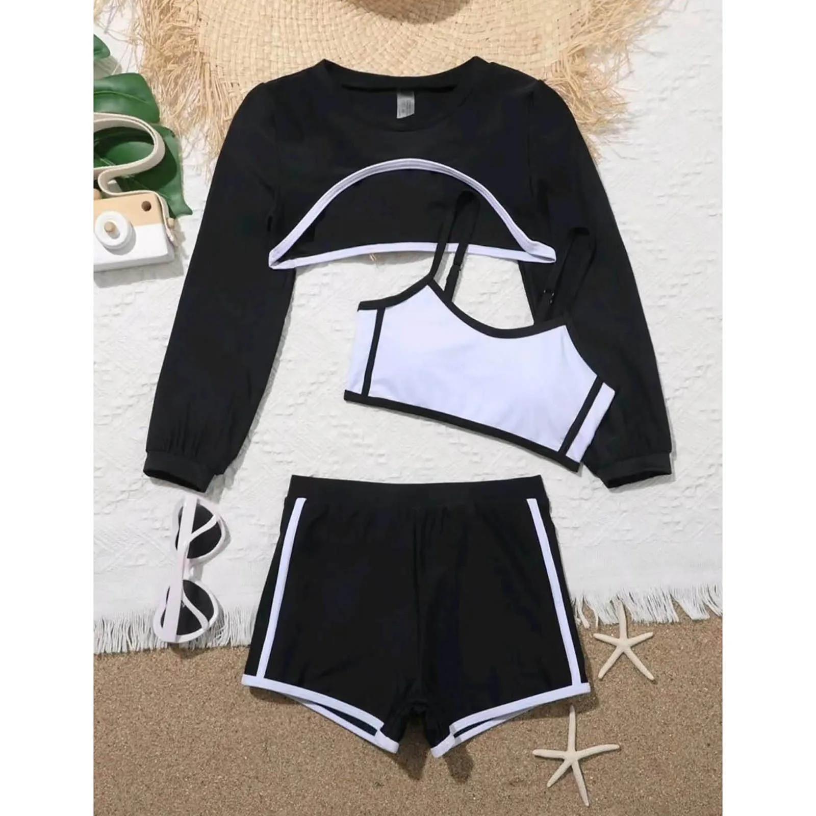 Kids Girls 3pcs Swimsuit Swim Cover Up Coat with Crop Tops Shorts Set Summer Swimwear Bathing Suit Beachwear for Pool Party