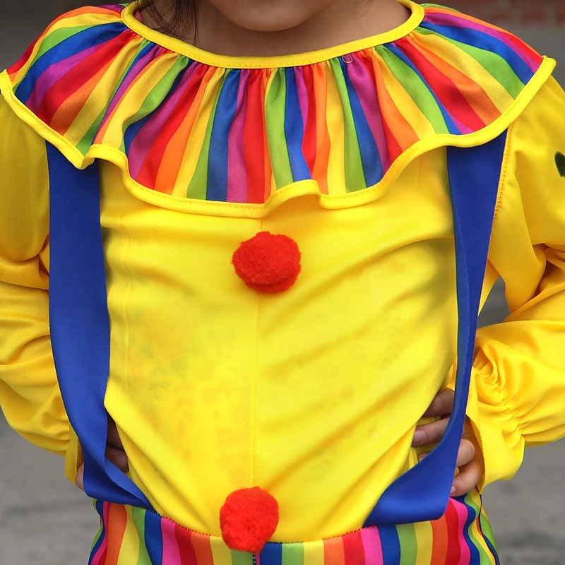 Halloween Kids Circus Clown Costume Jumpsuits Attached Wig Shoes Red Nose Fancy Carnival Cosplay for Children Dress Up