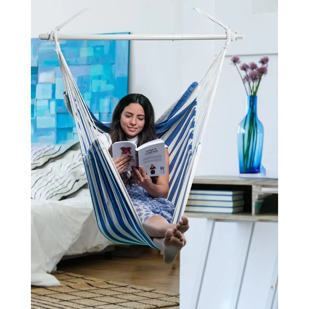 Hammock Chair Hanging Chair Swing Large Indoor with Anti-Slip Steel Spread Bar and Pocket-Max 500lbs-2 Cushions, Perfect for Bed