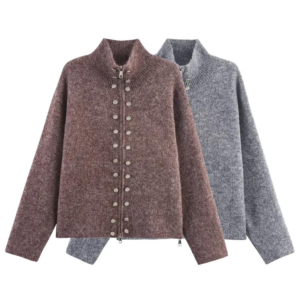 

Taop&Za's new women's fashion versatile stand up collar long sleeved multi button zipper knit cardigan