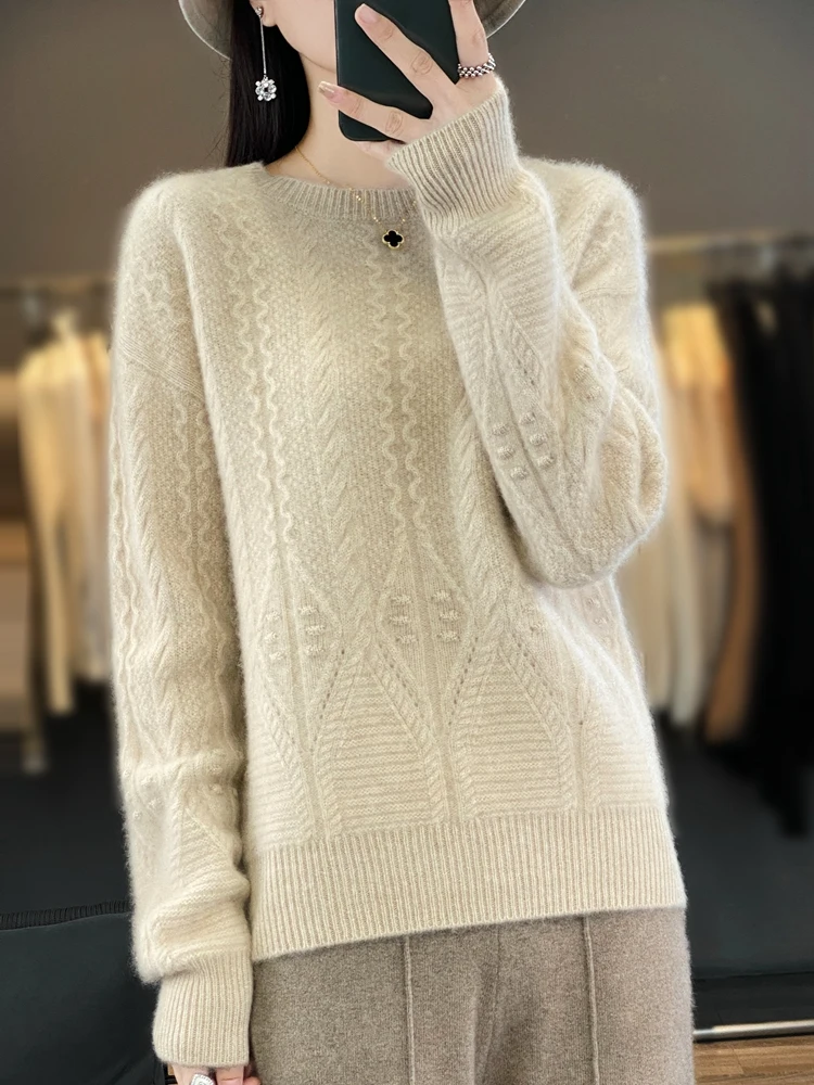 Damski sweter z okrągłym dekoltem w kwiaty jesienna zima 100% sweter z wełny Merino gruby, ciepły, podstawowy, koreański stylowe topy z dzianina z