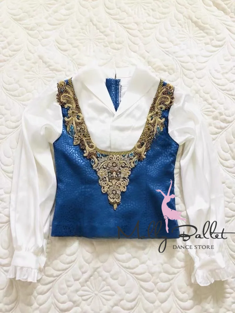 2024 nuovo Costume da balletto personalizzato Prince Giselle Swan Lake ricamo blu oro diamante finto Set di due pezzi