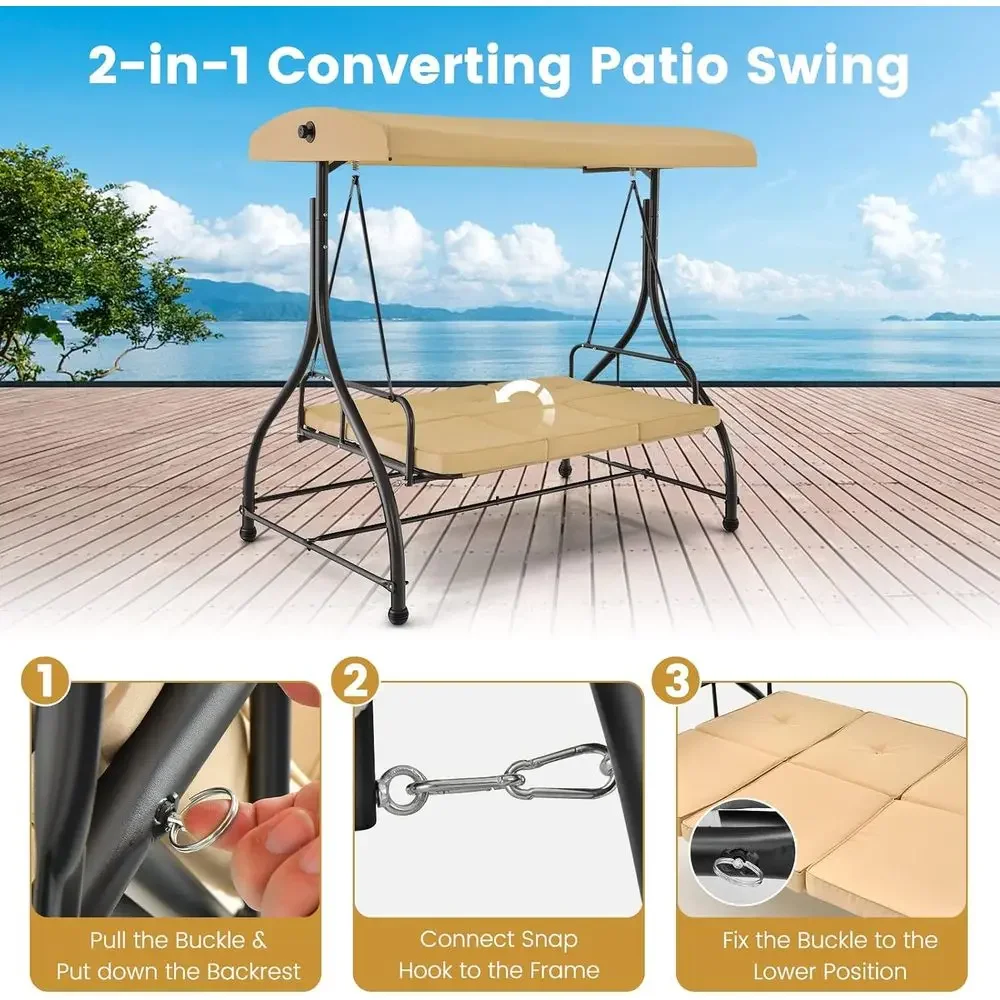 3-Person Convertible Patio Swing Bed with Cushions, Steel Frame, Adjustable Outdoor Swing for Backyard, Balcony, Poolside (Beige