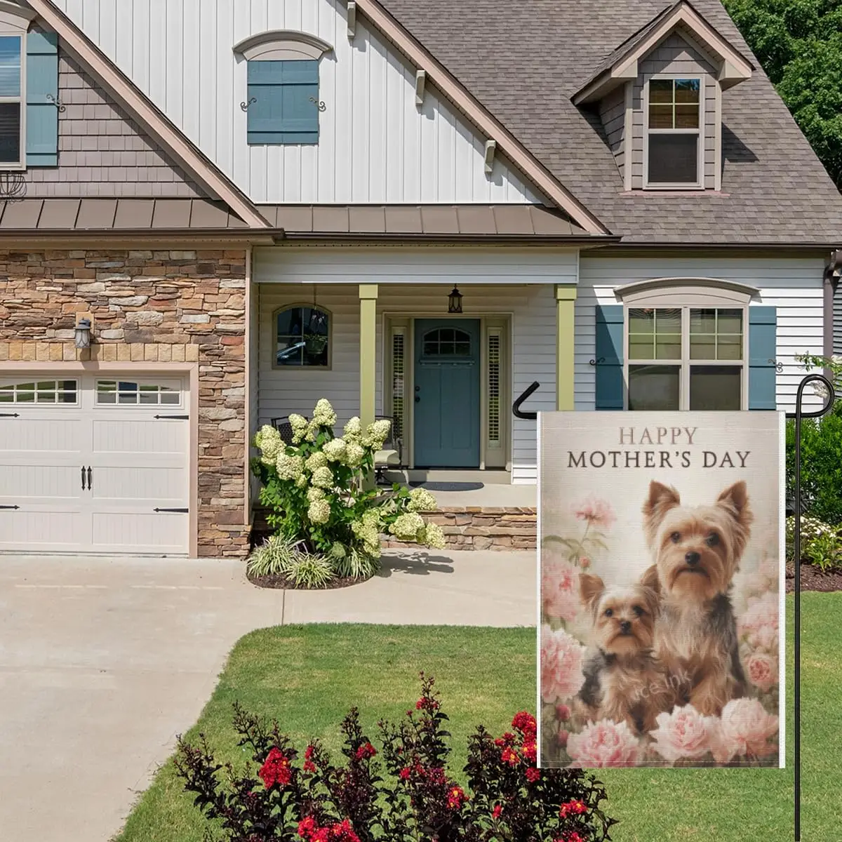 Ice ink Happy Mothers Day Yorkshire Terrier Floral Garden Flag Gift 28x40 Inch Linen Burlap Double Colorful Sided Yard Flag  PPM