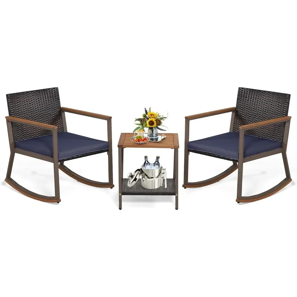 

3 Pieces Rocking Bistro Set, Outdoor Rocker Chair with Coffee Table & Cushions, Patio Rattan Furniture Conversation Set