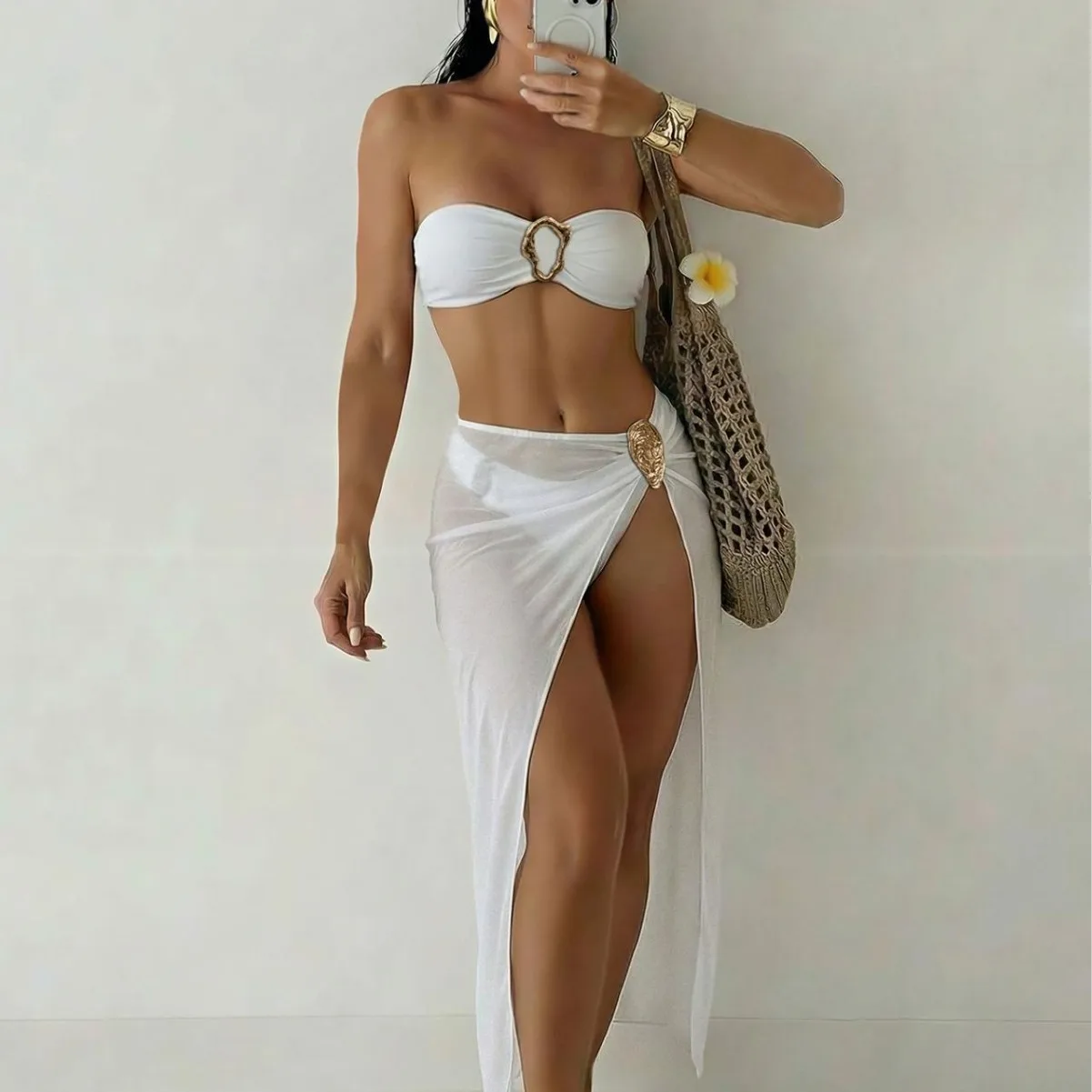 Women 2 Piece Bikini Set Strapless Bandeau Irregular Gold Metal Buckle Wrap High Slit Mesh Maxi Skirt Cover Up Beach Swimwear