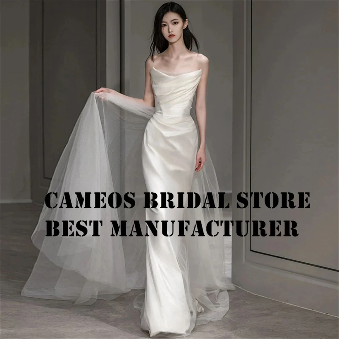 

SONDR Custom Made Long Sleeves Strapless Wedding Dresses Korea Silk Satin Brides Gowns Sweep Train Ivory Women Bridal Dresses