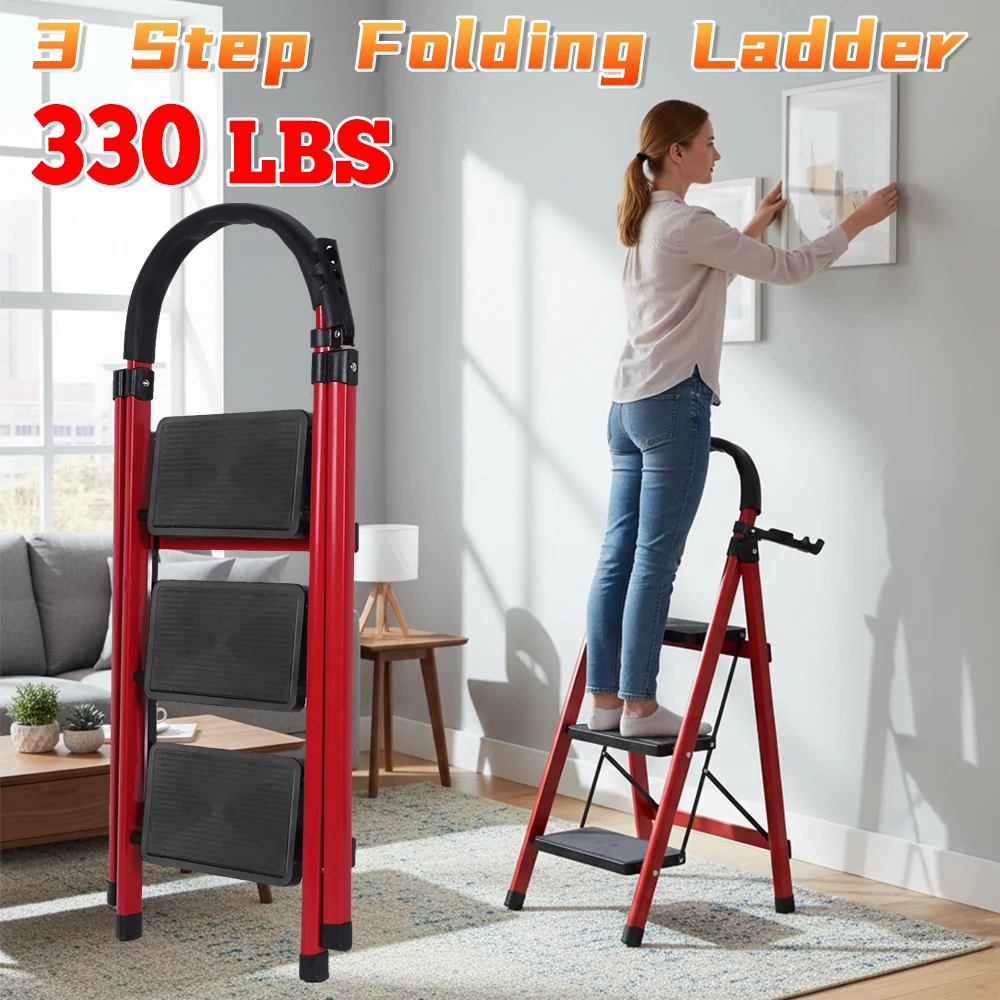 

Трехступенчатая складная лестница из прочной стали, грузоподъемность 150 кг, с поручнем, прочная и портативная, для дома, автофургона, улицы