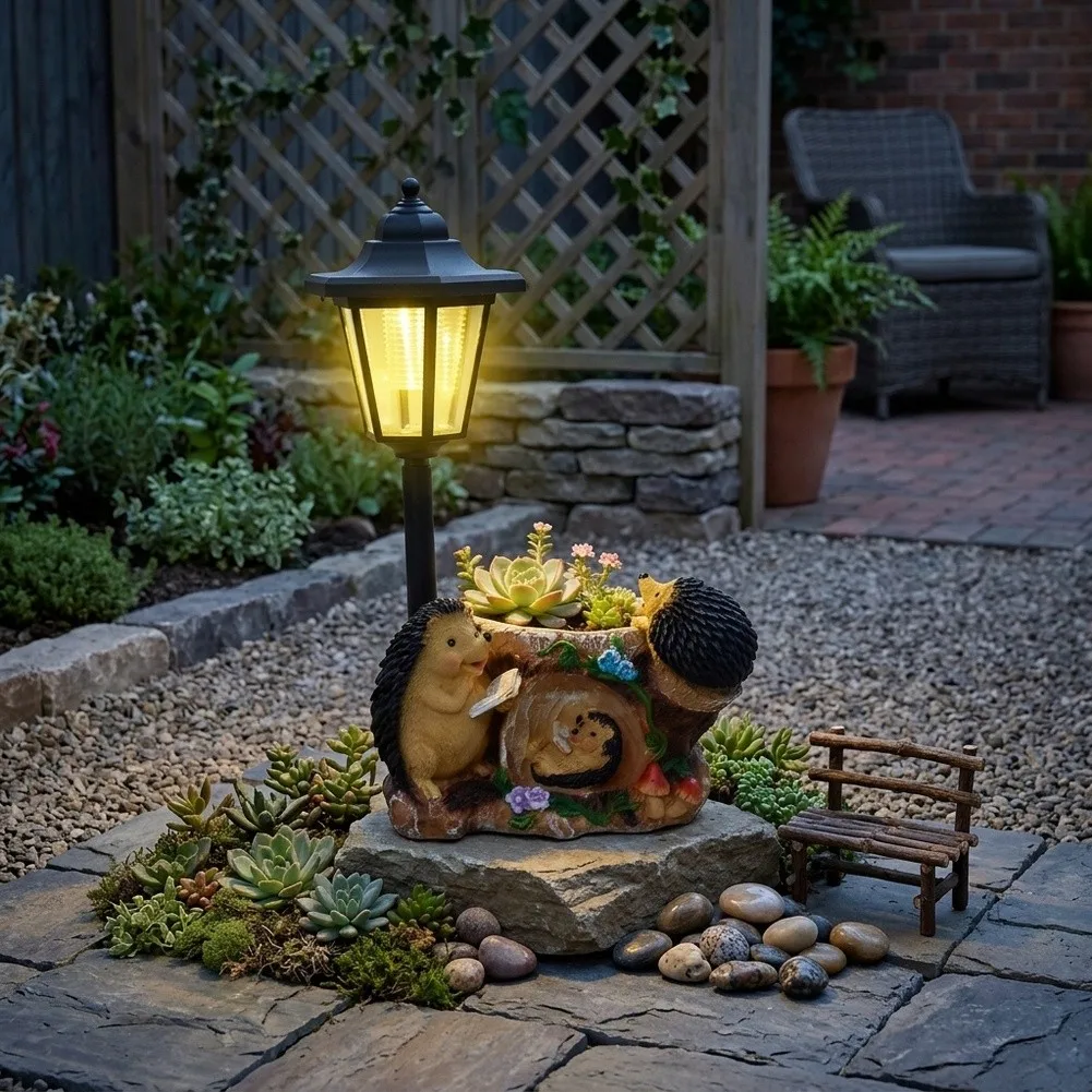 Hedgehog Family Solar Garden Ornament with Lantern and Flower Pot for Lawn Patio Yard Resin Outdoor Light 33cm Total Height view 4