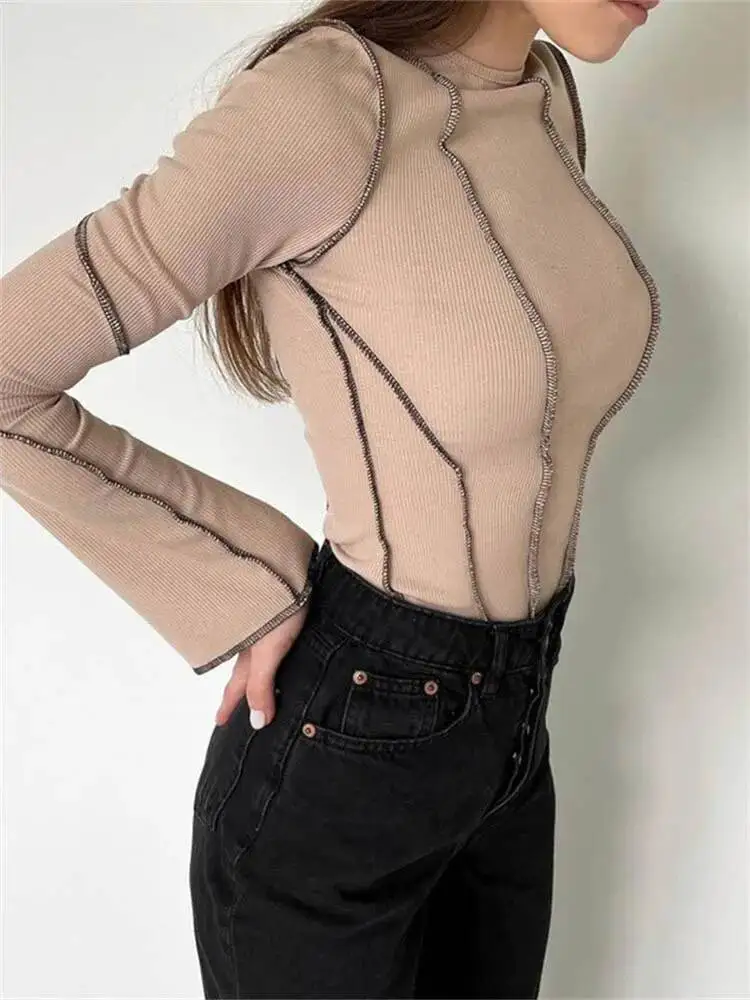 Vrouwen Patchwork T-shirts Chic Casual Lange Flare Mouw Ronde Hals Gebreide Geribbelde Tees Shirts Lente Herfst Straat Top