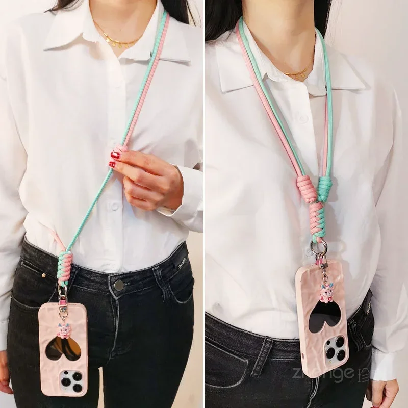 Adjustable Woven Cross-body Hanging Neck Dual-purpose Mobile Phone Lanyards with Anti Loss and Cute Pendant Phone Charms