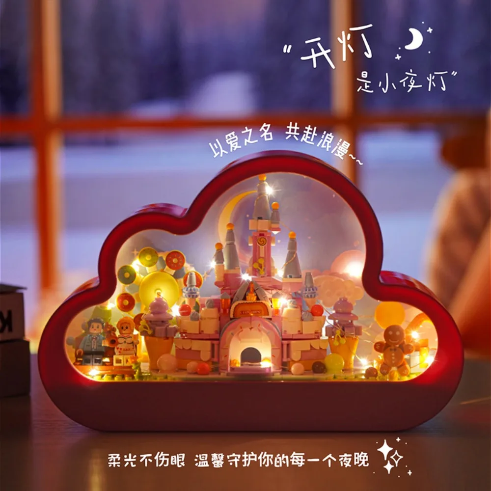 Romantic Castle Santa Claus Cloud Mirror Lamp Building Block Assembly Decoration Night Light Valentine's Day Birthday Present