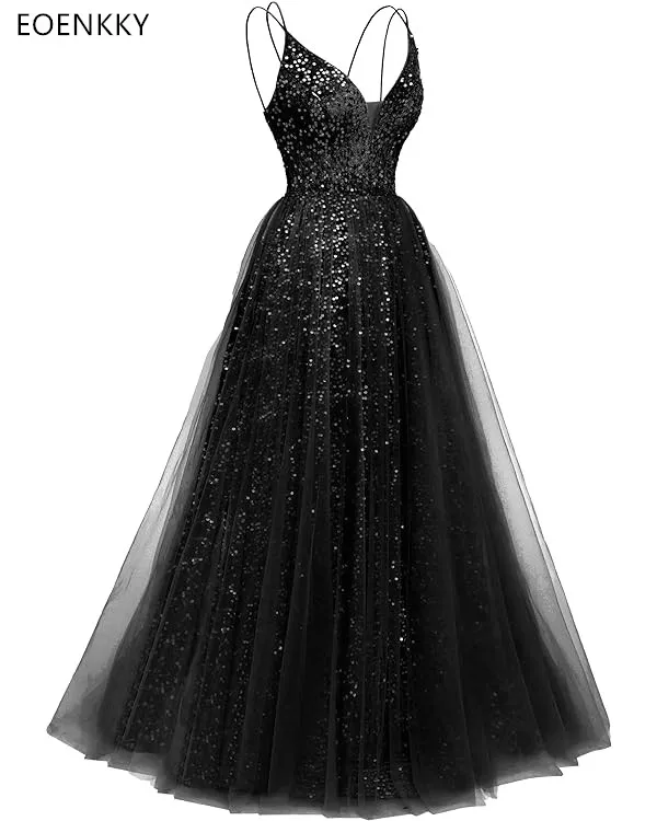 

EoENKKY New A Line Sequin Prom Dress Italian Noodle Strap Elegant Evening Gowns Sparkling Tulle V-Neck Formal Occasion Dresses