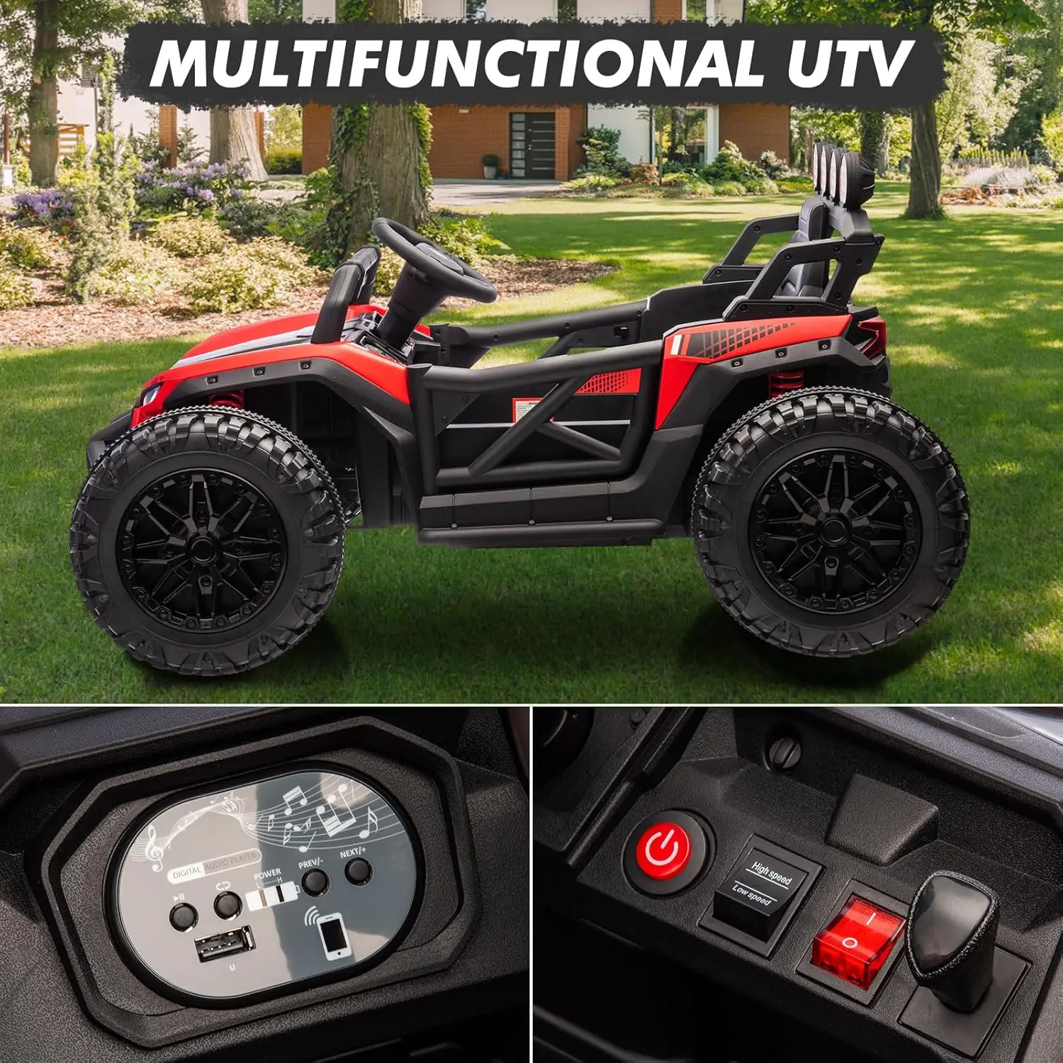 24-V-Fahrt auf UTV, elektrisch betriebenes UTV mit 130 W und Fernbedienung, Federung, LED-Licht, 4 Stoßdämpfer, Musik, UTV für Kinder