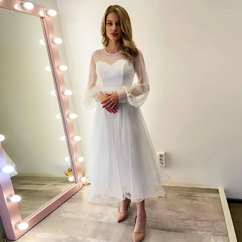 GUXQD Chá Comprimento Mulheres Vestidos de Casamento Puff Manga comprida Prom Party Vestidos Tule Elegante vestidos de noche robes de soirée