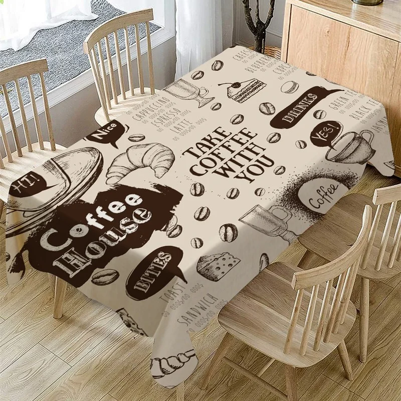 Retro Coffee Pattern Tablecloth Waterproof Dining Table Wedding Party Rectangular Tablecloth Home Textile Kitchen Decoration