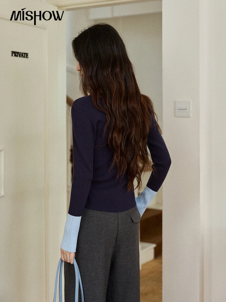 MISHOW Long Sleeves Sweater Women 2025 Winter New Retro Contrast Color Crew Neck Knit Top Comfortable Slim Sweater MXE89Z2639