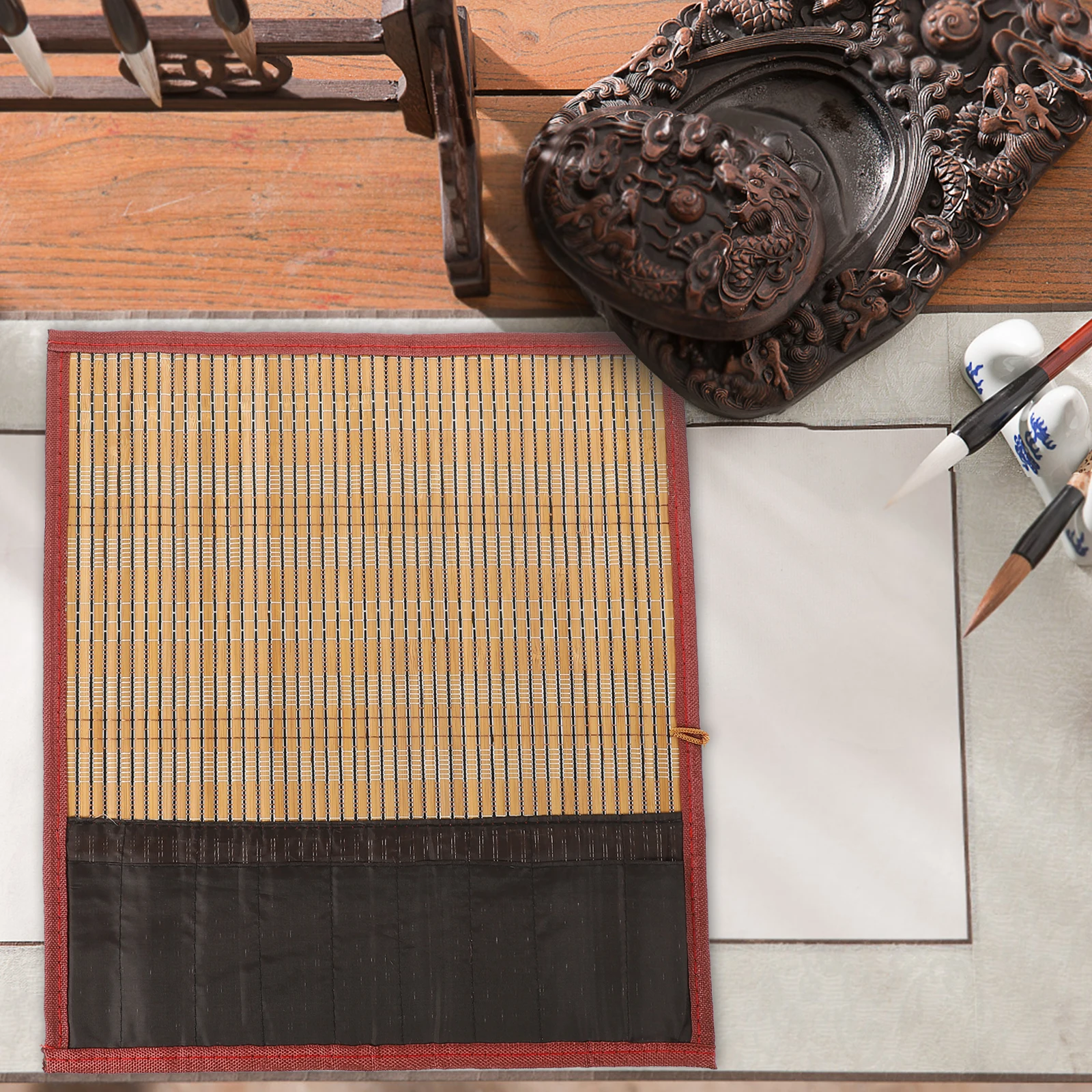 

Bamboo Pencil Roll Up Case Calligraphy Brush Pen Storage Bag Cotton Rope and Cloth Design Calligraphy Brush