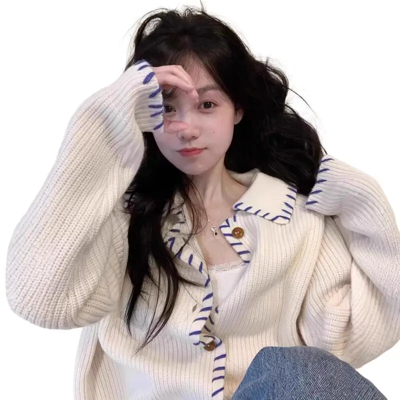Cárdigan con solapa para niña, suéter con franjas de diferente Color para otoño e invierno, ropa interior de viento perezoso, Tops holgados de estilo Preppy, prendas de punto para mujer al por mayor