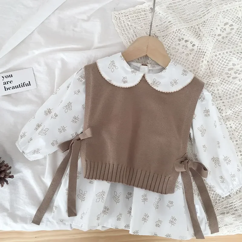 2024 Spring INS Baby Knitted Vest Korean Edition Baby Lace Up Tank Top Girls' Woolen Small Sweetheart Sweetheart Cotton