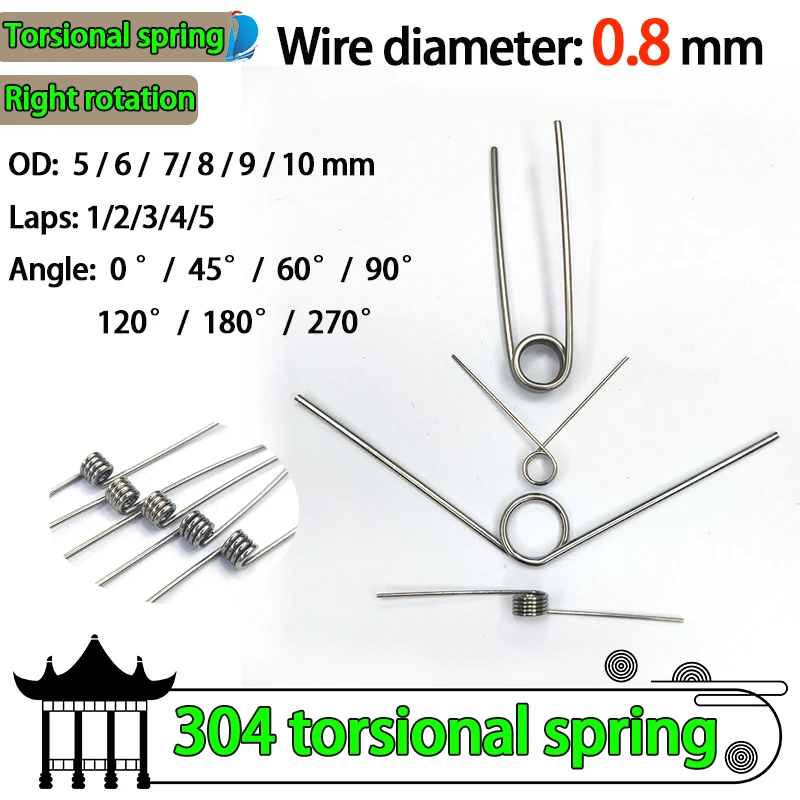 

Wire Diameter 0.8mm Right Torsion Spring Return and Reset V-shaped Spring Right Rotation Spring Laps1/2/3/4/5lap 304SUS 5PCS