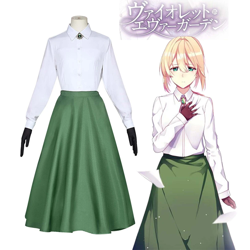 Anime Violet Evergarden Cosplay Costume Wig White Shirt Green Skirt Woman Violet Evergarden Uniform Halloween Costumes for Women