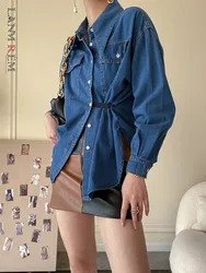 [LANMREM] Irregular Bandage Denim Shirt Women Lapel Single Breasted Long Sleeve Office Lady Blouse 2024 Autumn New 26D9970