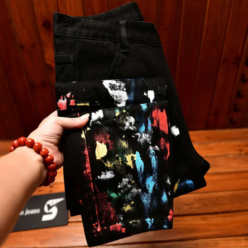 جينز أسود عالي الجودة للرجال، اتجاه قديم، طباعة طلاء، أقدام صغيرة، نمط شارع الخريف الرائع، سراويل مرنة