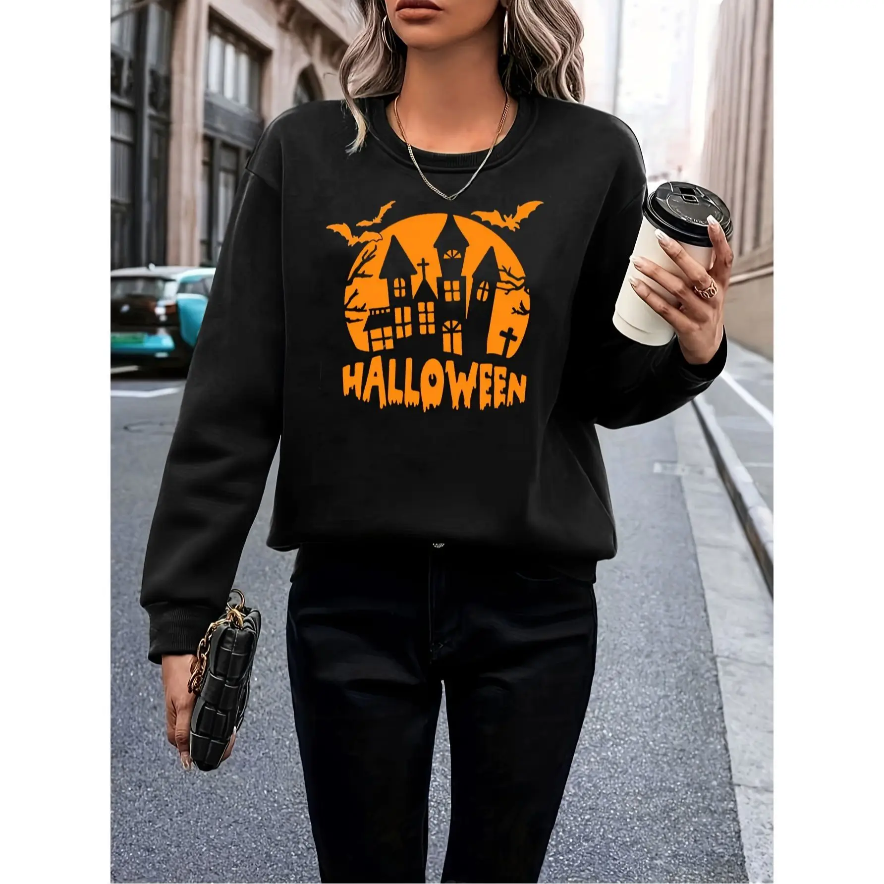 

Новая осенне-зимняя толстовка с длинными рукавами и круглым вырезом с принтом, повседневная футболка, универсальный топ с базовым слоем на Хэллоуин