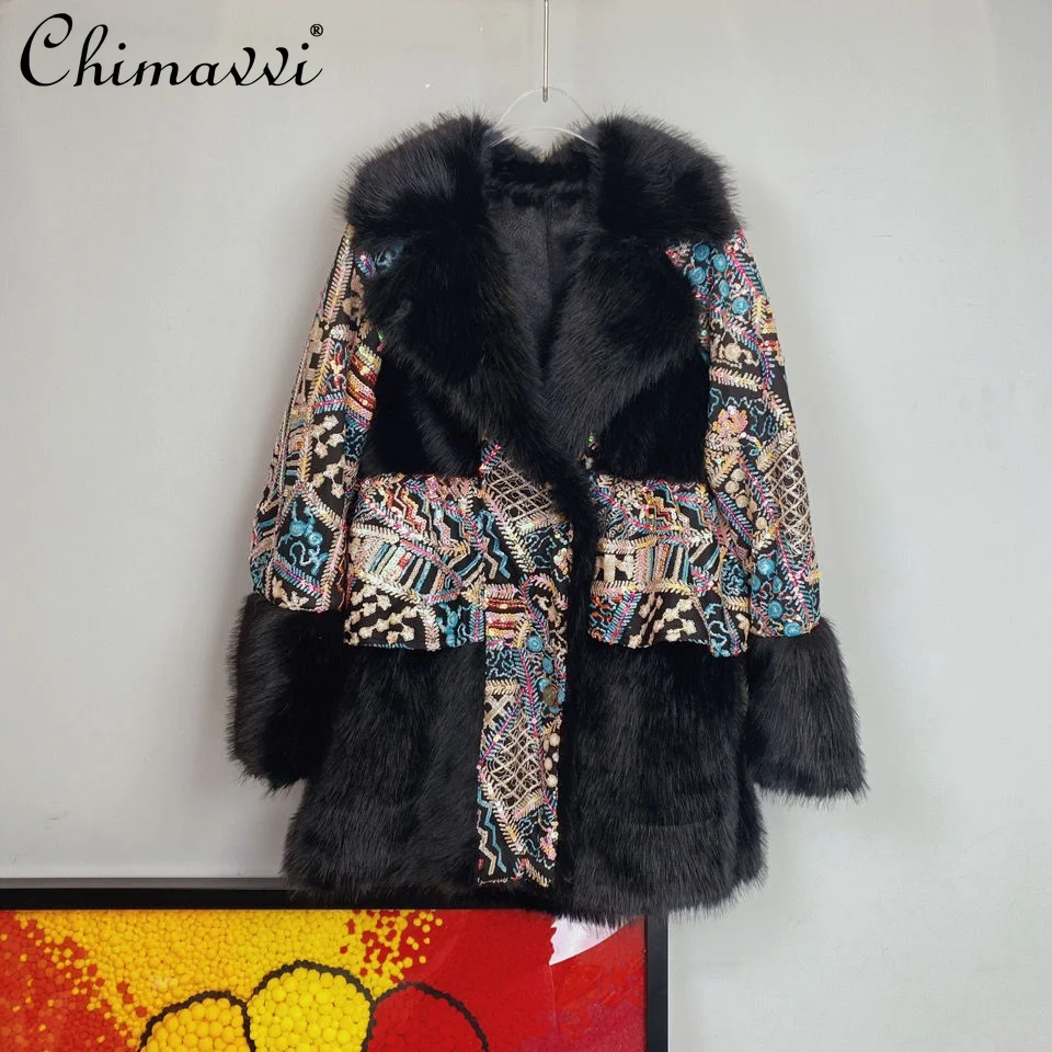 European Style Fur Long Sleeve 2023 Winter Clothing Warm Toka Double Face Wool Leather Heavy Embroidery Sequins Casual Jacket