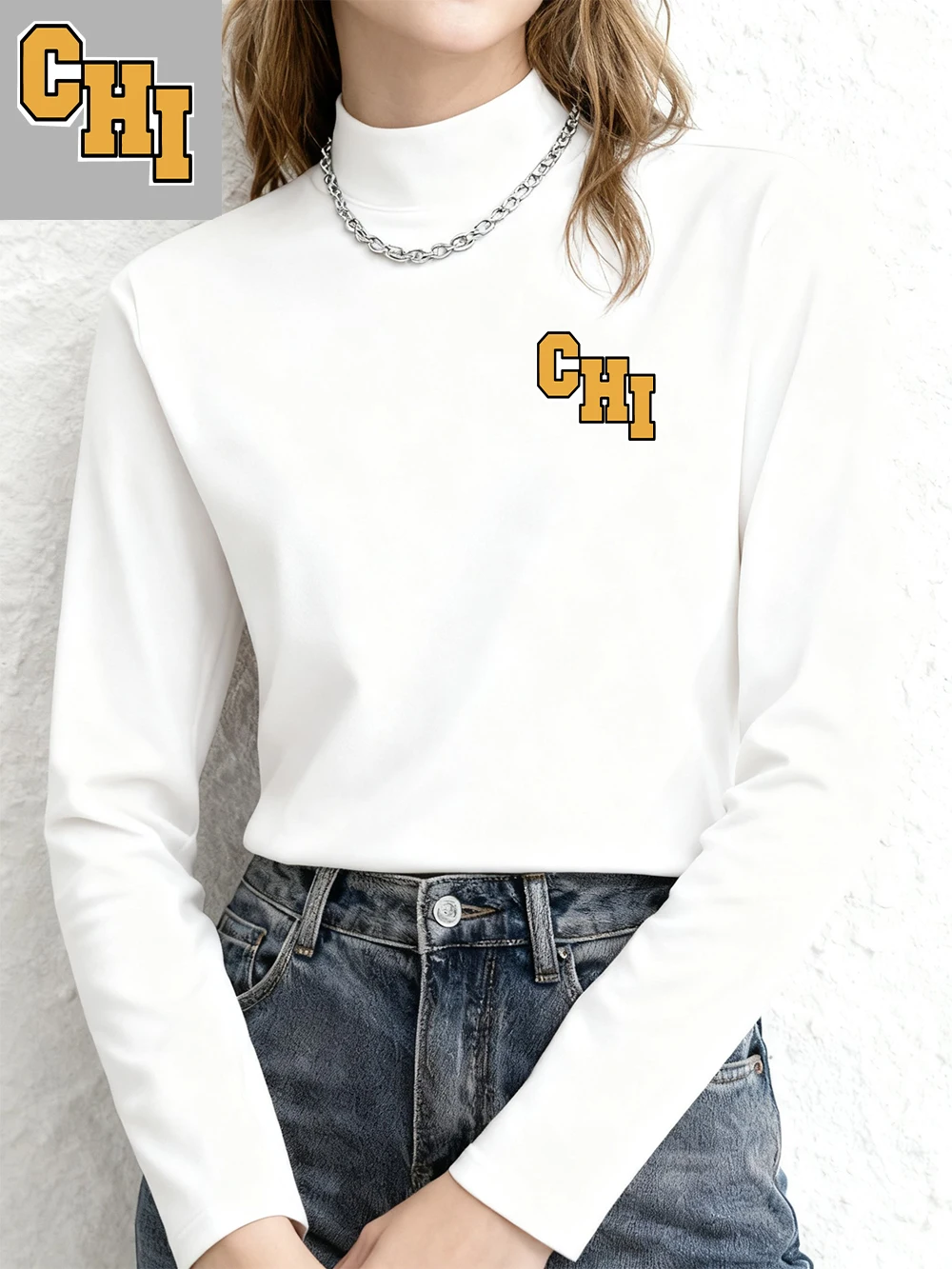 شيكاغو رسالة تشي مطبوعة تي شيرت المرأة الخريف طويلة الأكمام قاع قميص سليم صالح الدافئة نصف الياقة المدورة القمم الملابس الأساسية #3