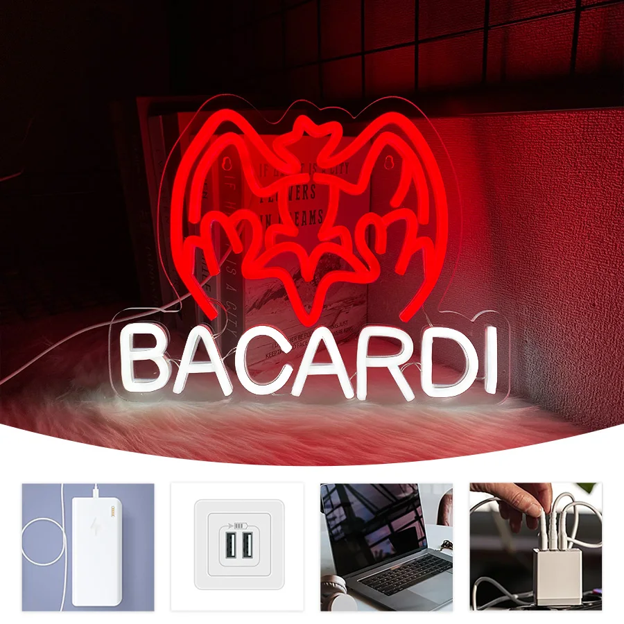 لافتة باكاردي رم النيون، تستخدم لديكور جدار البار، تعمل بمنفذ USB مع مفتاح، والنوادي، والتجمعات العائلية، وغرف النوم، وديكور الكهوف للرجال.