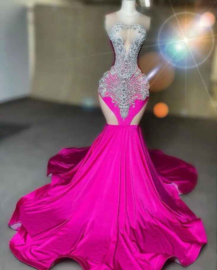 Vestidos de baile de sereia brilhante para mulheres, vestidos rosa brilhante, diamante e cristal de luxo, vestido de cerimônia