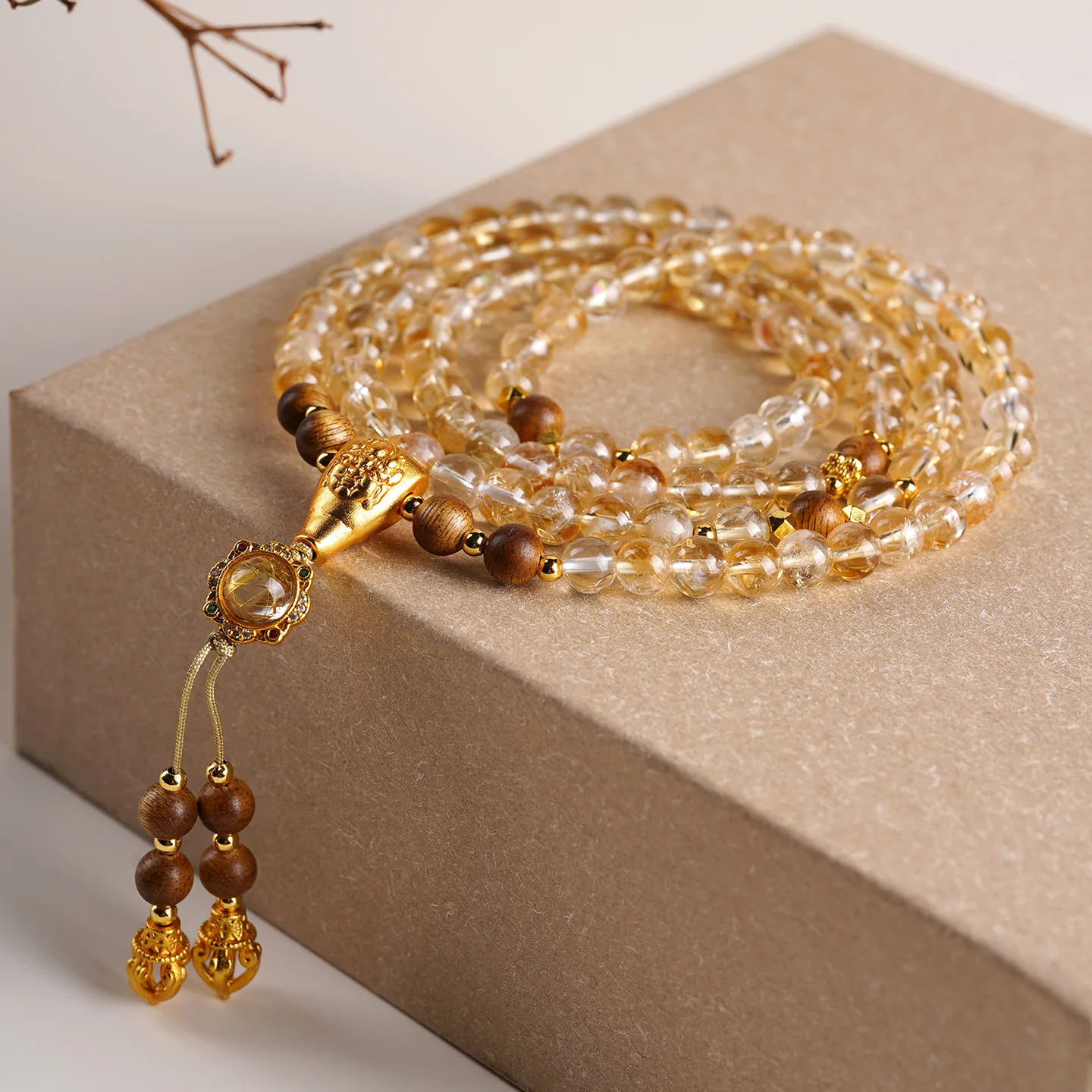 6mm 108 Natural Yellow citrine Crystal Agarwood Wood Mala Beads Handmade Yoga Meditation Necklace Women Men Buddhist Prayer Mala
