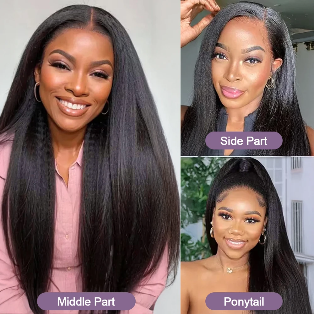 250 Density Black Yaki Straight Human Hair Wigs 13x6 HD Lace Frontal Kinky Straight Wig 7×5 Glueless Brazilian 360 Full Lace view 3