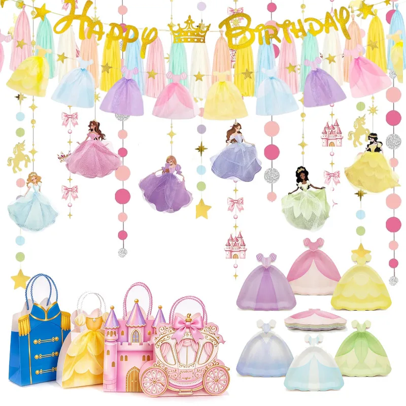 Pastel Macaron Princess Birthday Party Decorations,Princess Happy Birthday Banner Garland Streamer Gift Bag Princess Dress Plate