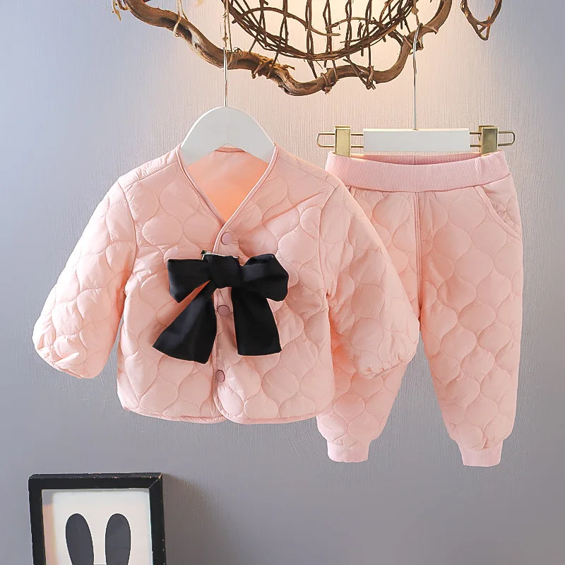 

Children's Autumn Winter Warm Cotton Clothes Set Cute Girls Bow Thickening Jackets Casual Loose Pants Suit 0-6Years Old