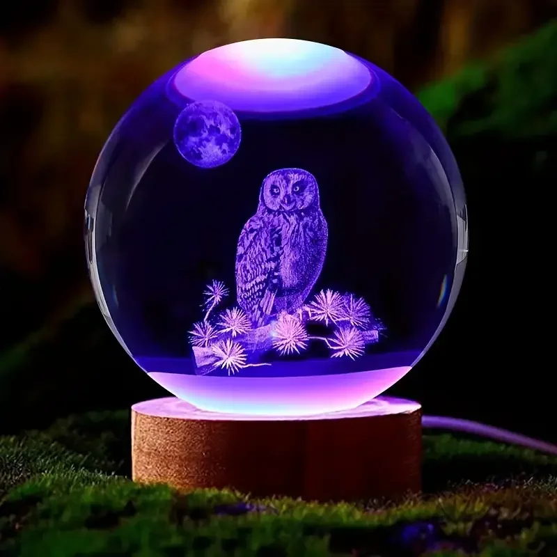 1 pc 3D Owl Crystal ball color laser engraving nightlight, holiday gifts for friends, family, home decoration nightlight