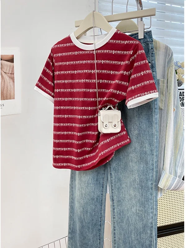 Casual Stripe Short Sleeve T-Shirt Women's round Neck Leisure Top Summer Moisture Wicking Polyester Cotton Blend Comfortable Fit
