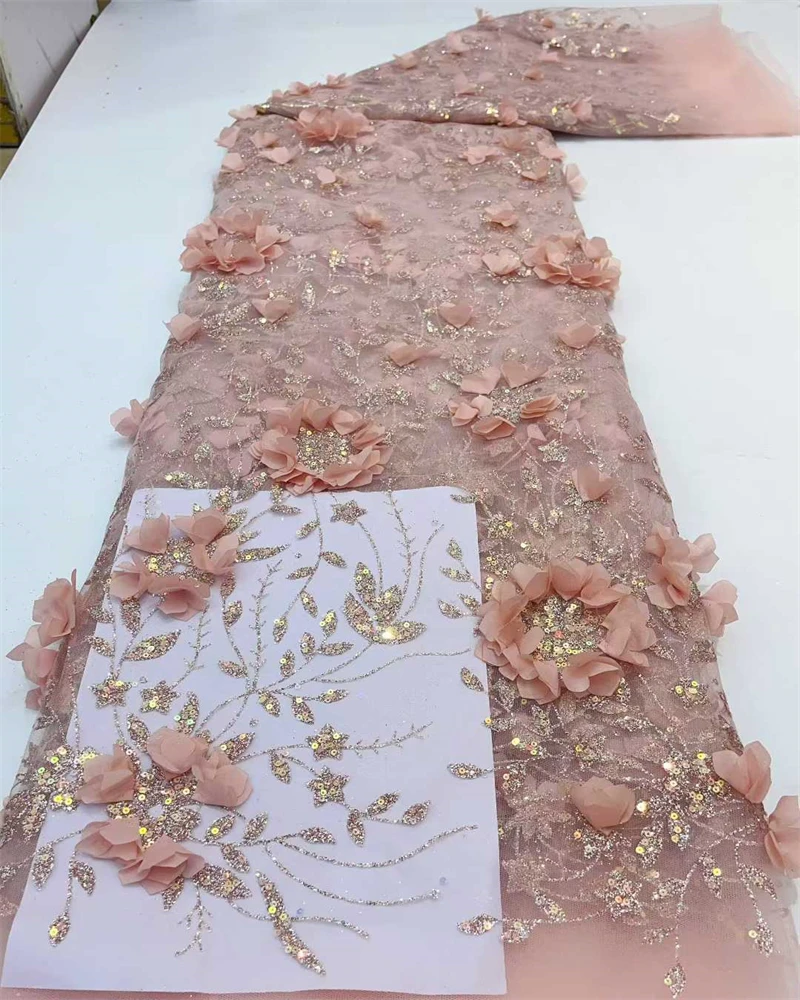 

High Quality African Glue Sequins Lace Fabric 3D Flower Embroidery Beaded Bridal Material for Clothing And Home Decor