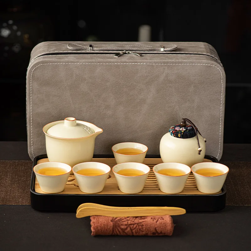 Travel tea set outdoor portable ceramic quick drink cup one pot six cups office kung fu teapot simple