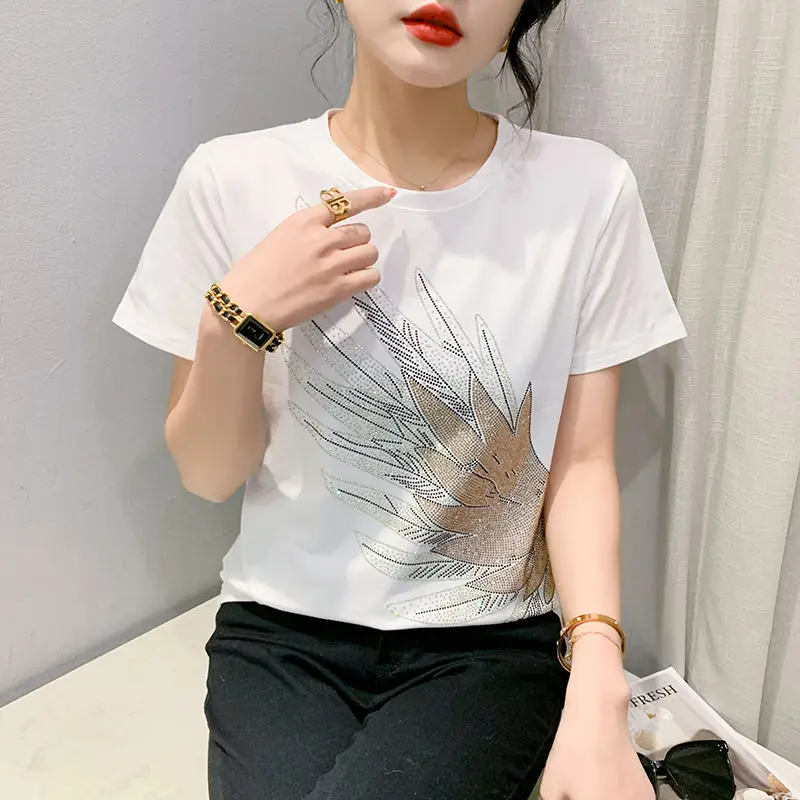 

2025 Summer Design Wings Diamond Short-sleeved T-shirt for Women's Cotton Loose Slim T-shirt Fashionable Versatile Top Trendy
