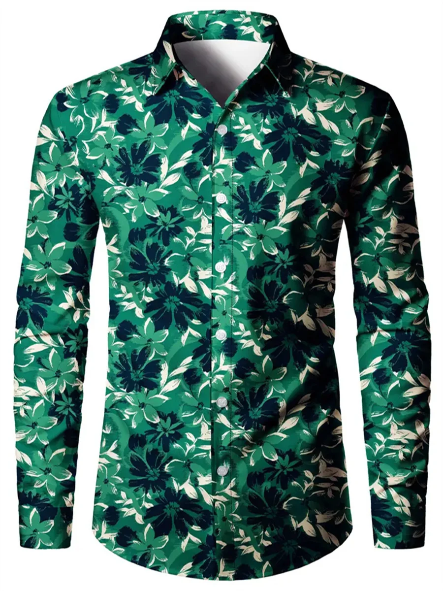 Men\'s long-sleeved Hawaiian personalized casual fashion design floral printed soft and comfortable lapel shirt