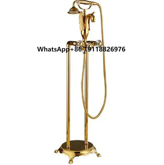 

Роскошный золотой смеситель для ванной комнаты, напольное крепление, резной лебединый излив, ванна, душ, смеситель для горячей и холодной воды, отдельно стоящий латунный ручной душ