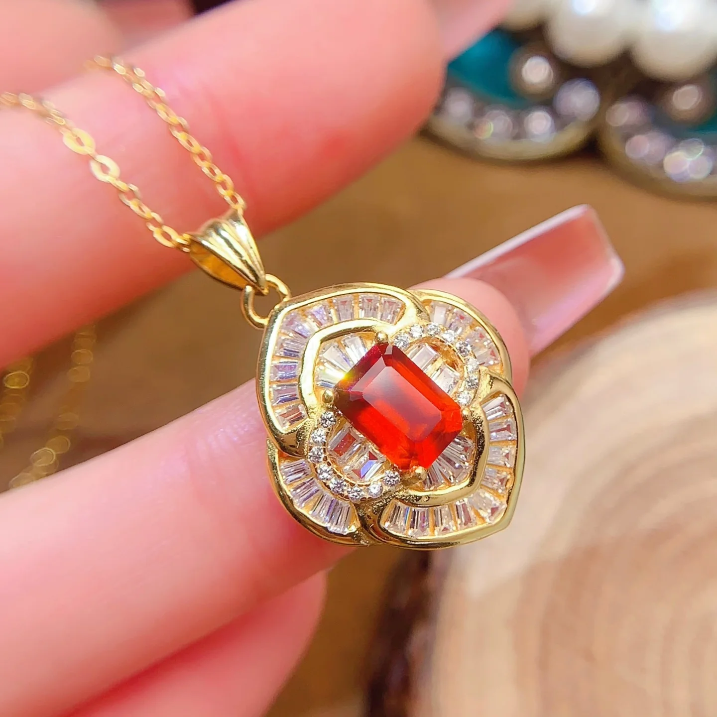 

New 925 silver Fanta stone pendant, rectangular 5x7mm, versatile, fashionable, light luxury, exquisite for women