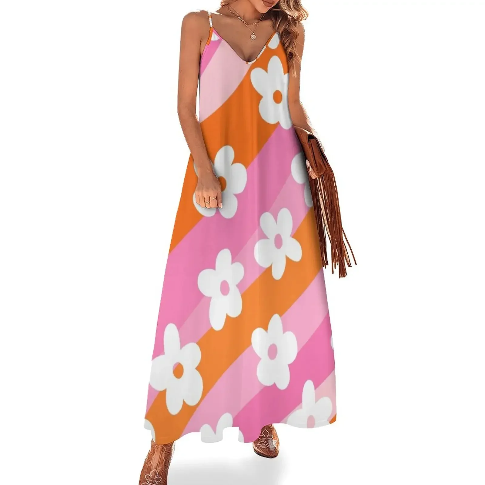 

Pink and Orange, Wavy, Groovy Flowers Pattern Sleeveless Dress prom dresses women's clothing summer 2024 novelties Dress