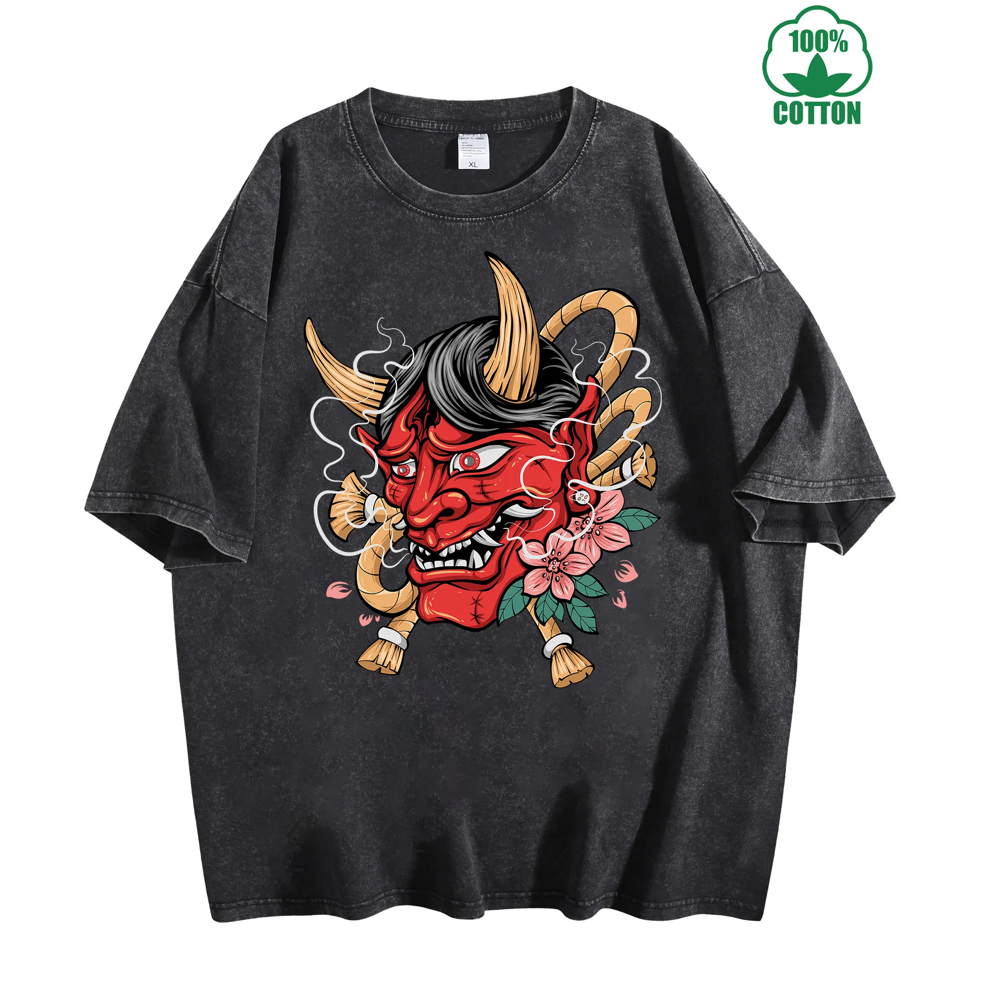 تي شيرت Demon Mask Vintage Washed 230 جرام 100% قطن مريح كبير الحجم ملابس الشارع للجنسين #2