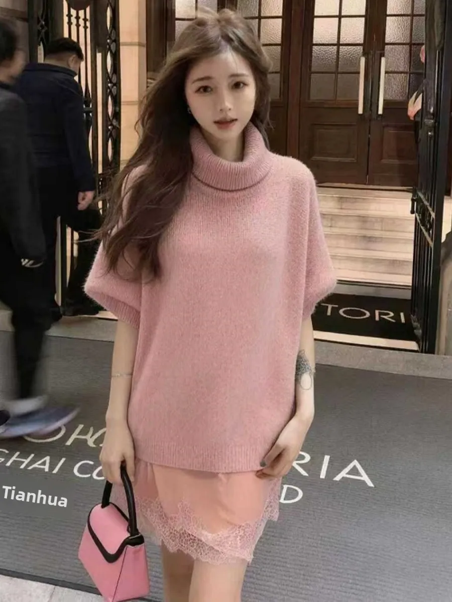 Slimming Knitted Sweater High Collar Warm Loose Lace Splicing Bodycon  Skirt Set Women's Fashion Autumn Spring Casual Wear