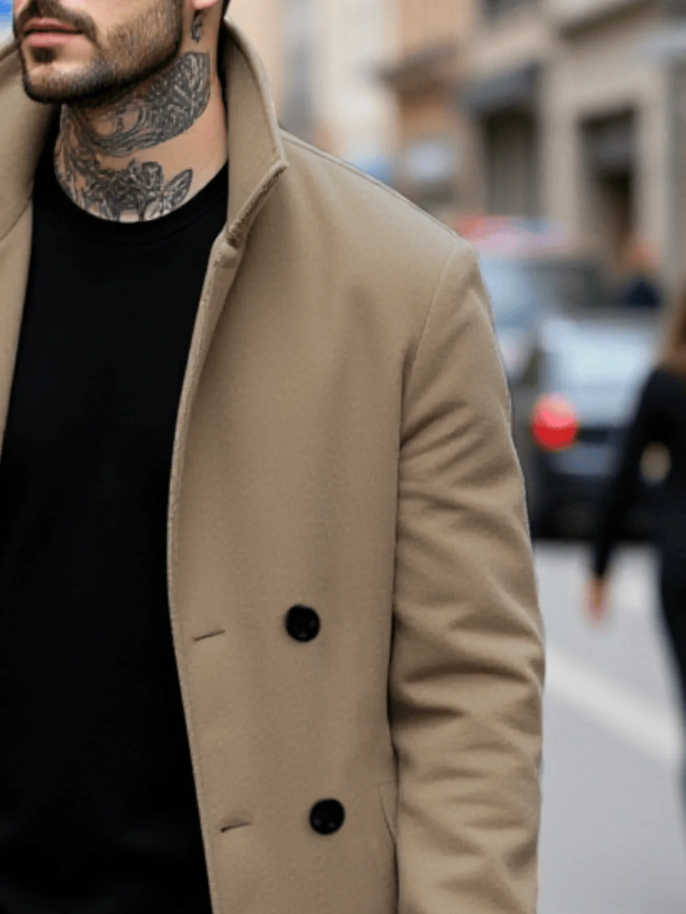 Men's Streetwear Wool Coat Double-Breasted Retro Design Thickened Tweed with Warm Stand Collar Manswear